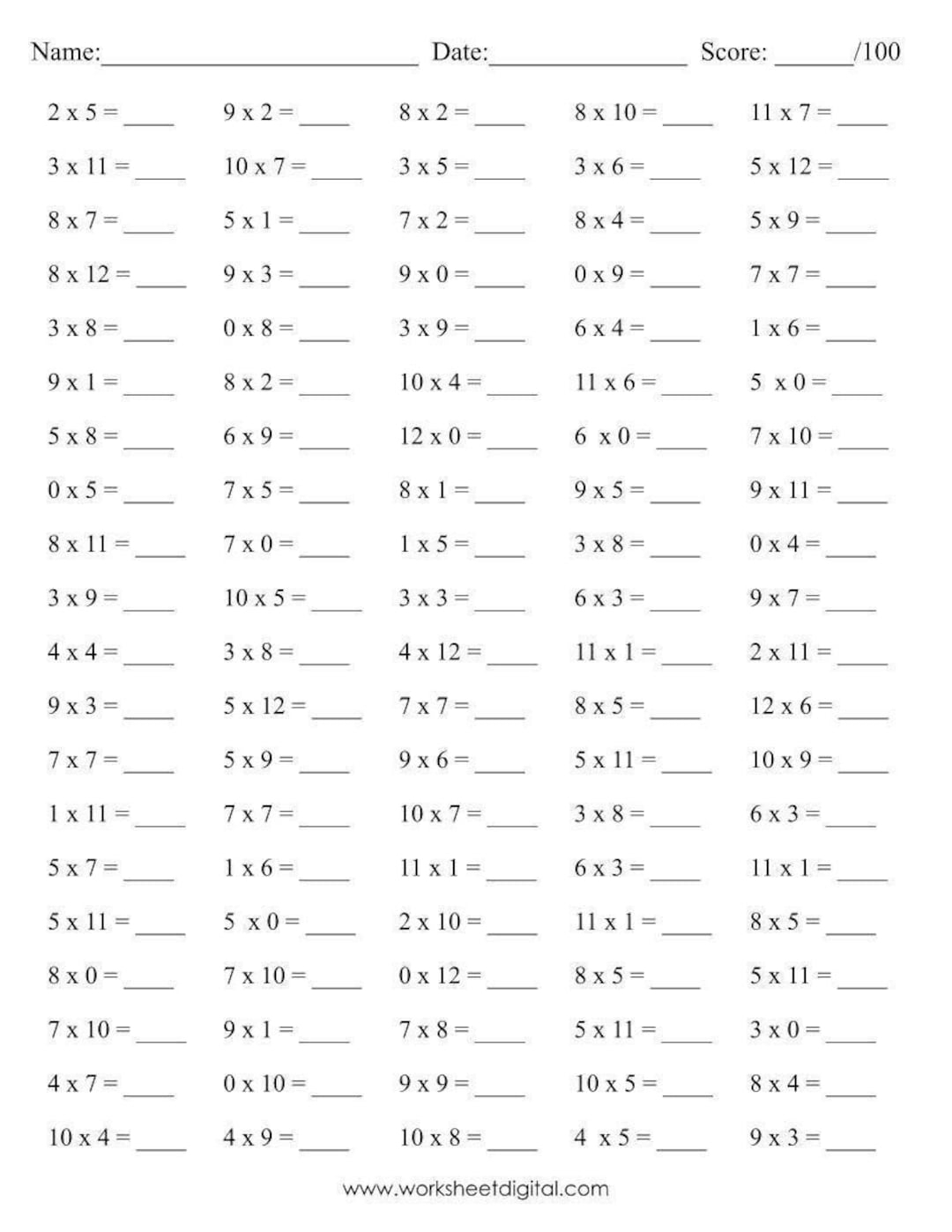 Multiplication Timed Test Free Printable