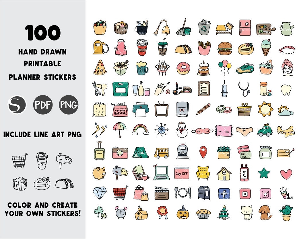 100 Printable Planner Stickers Digital Planner Stickers Stickers With Cut Files Printable Planner Icon Stickers Value Bundle Etsy