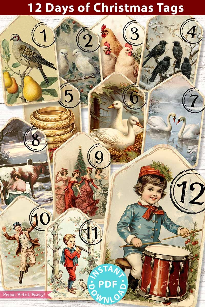 12 Days Of Christmas Tags Printable Vintage