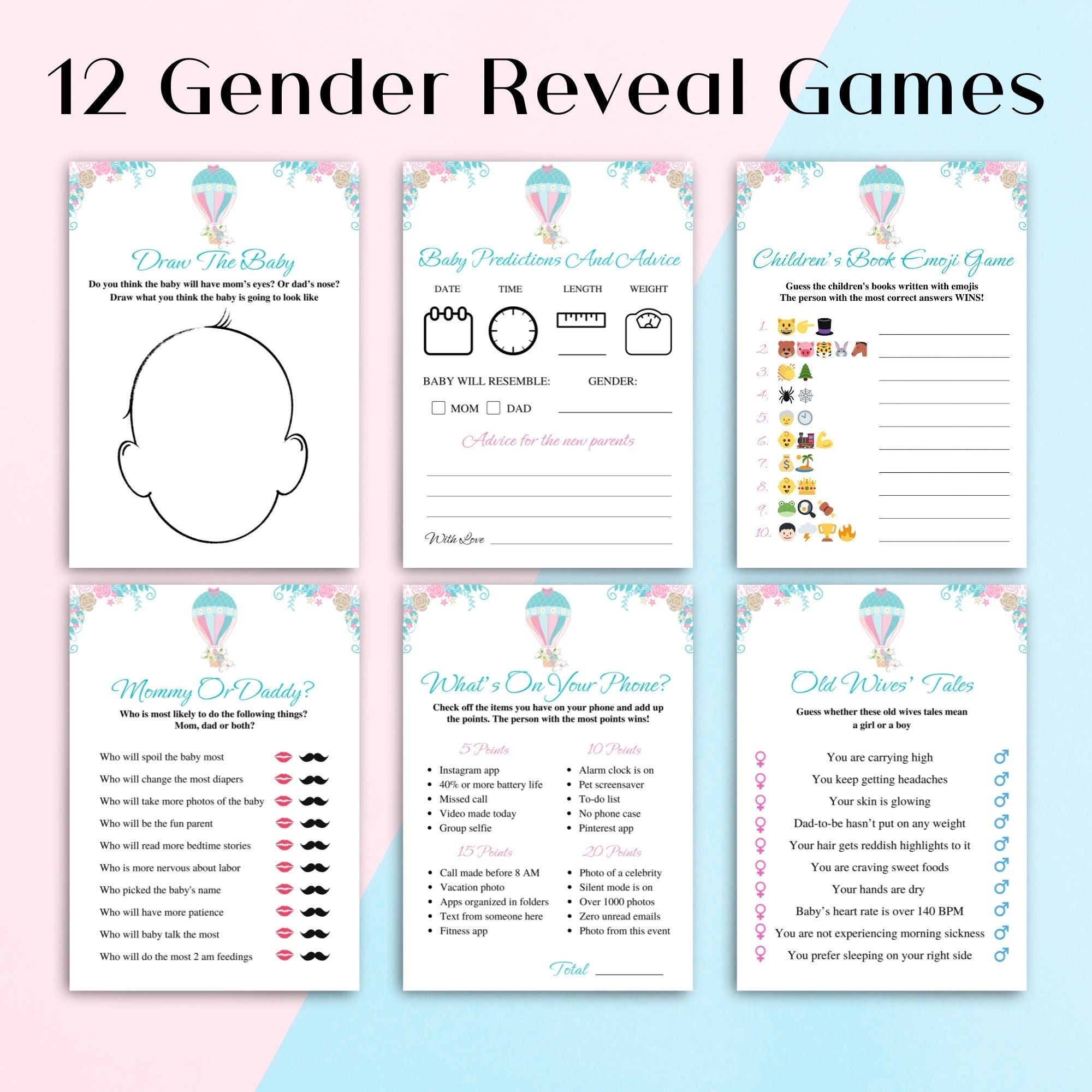 12 Printable Gender Reveal Games Pink And Blue Baby Gender Reveal Party Games Hot Air Balloon Gender Reveal Games For Family DOWNLOAD Etsy