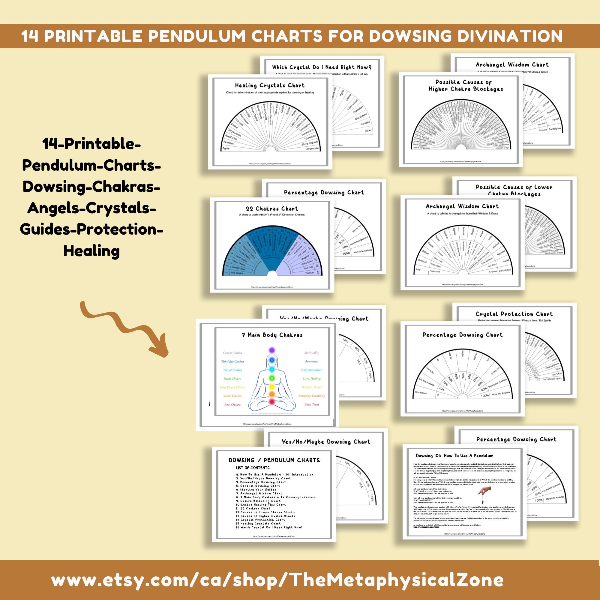 14 Printable Pendulum Charts For Dowsing Divination Fortune Telling Kit Chakras Angels Crystals Etsy