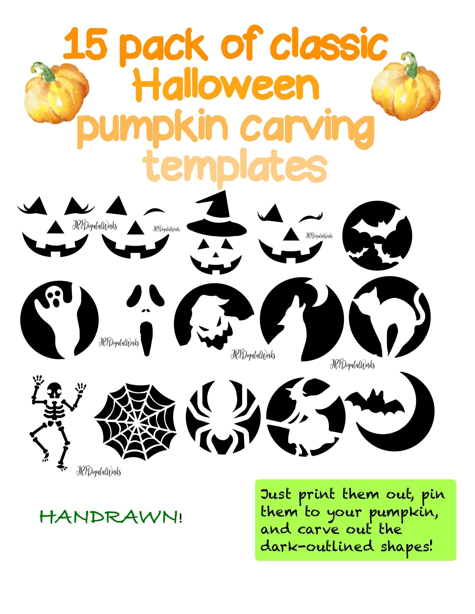 15 HANDRAWN Digital Printable Pumpkin Carving Stencils templates Etsy