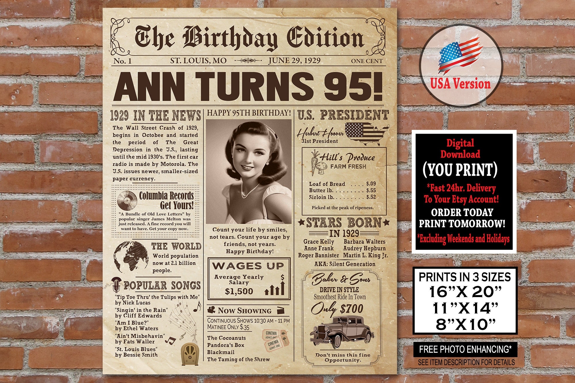 1929 95th Birthday NEWSPAPER Poster For 95th Birthday 1929 Facts For 95th Adult Birthday AUTHENTIC Look Printable Poster Personalized Etsy