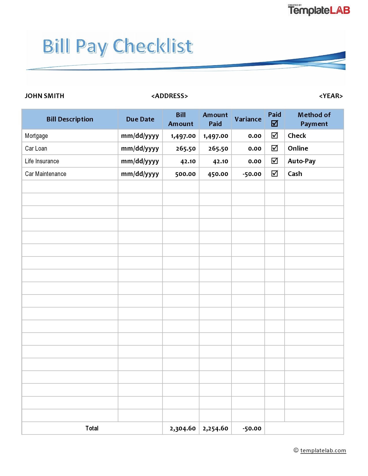 20 Free Bill Pay Checklists Bill Calendars PDF Word Excel 