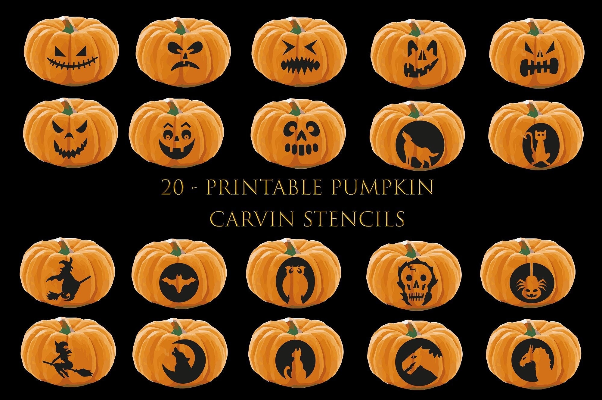 20 Printable Halloween Pumpkin Carving Stencils Jack O Lantern Pumpkin Face Svg Carving Templates Etsy