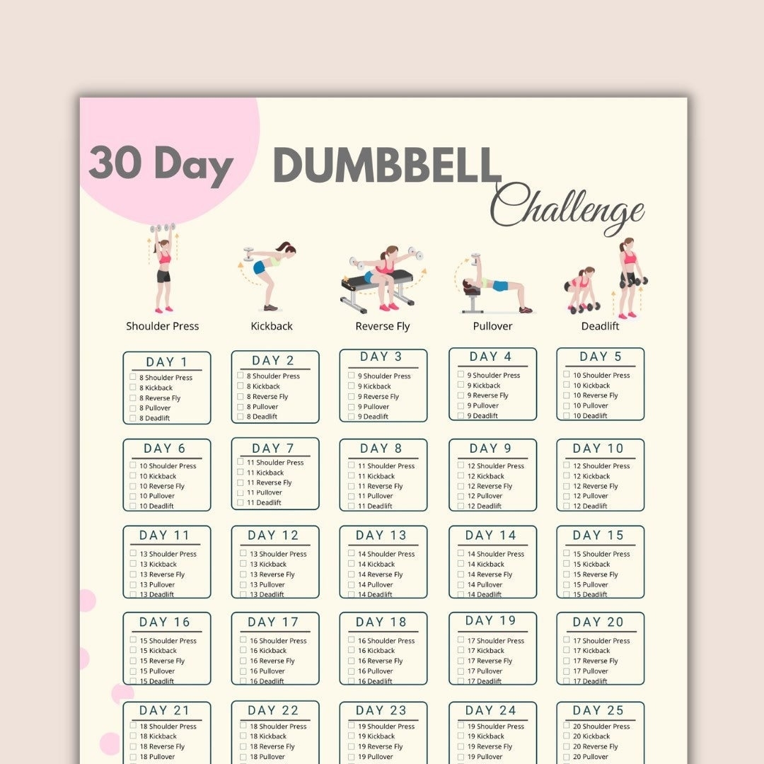 30 Day Dumbbell Challenge Dumbbell Fitness Printable Dumbbell Exercise Fitness Planner Etsy