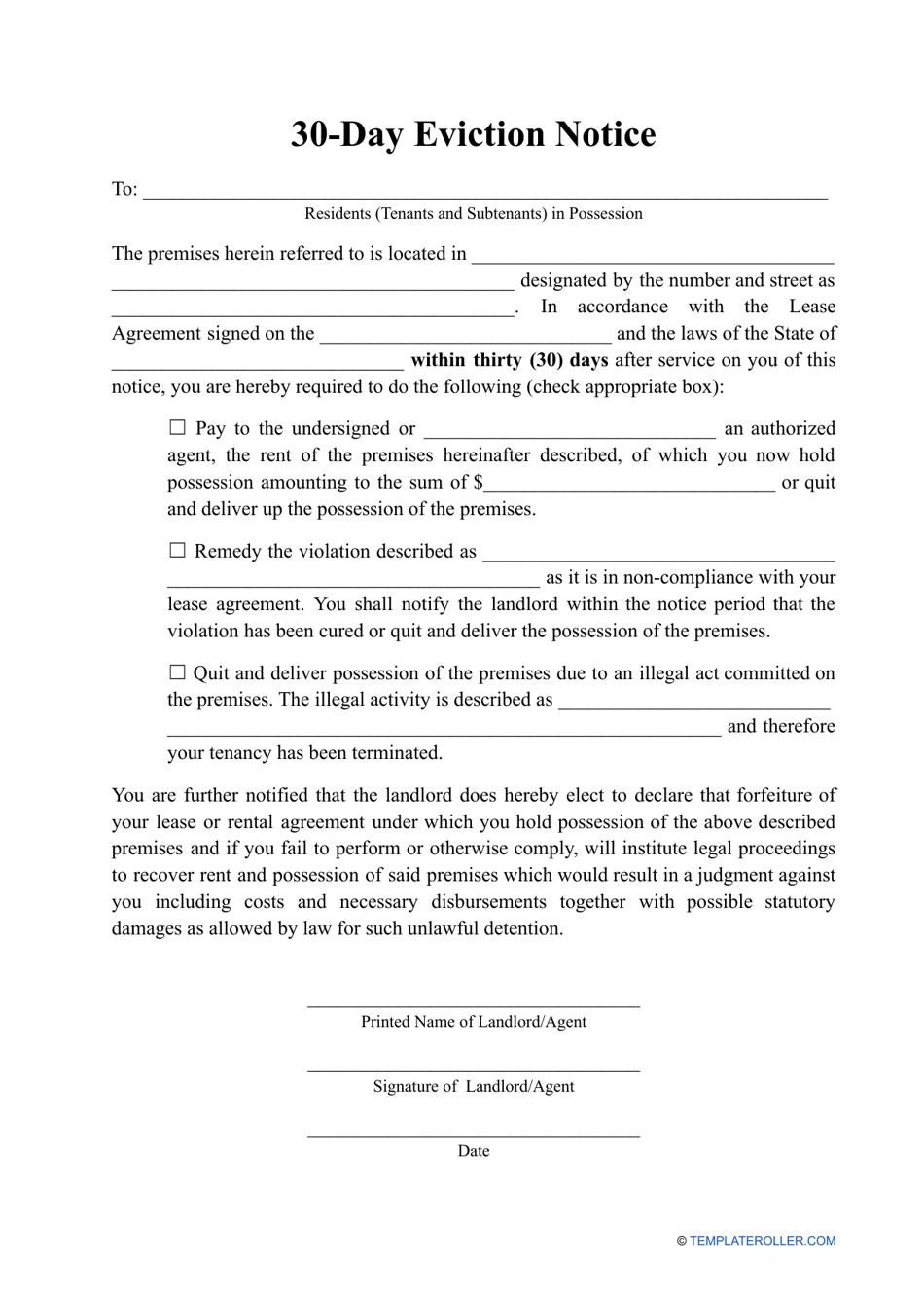 30 day Notice Template Fill Out Sign Online And Download PDF Templateroller