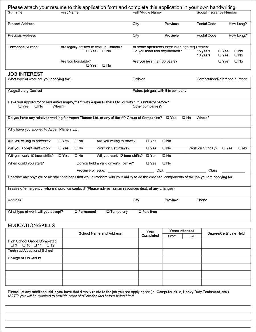 Free Printable Pdf Job Applications