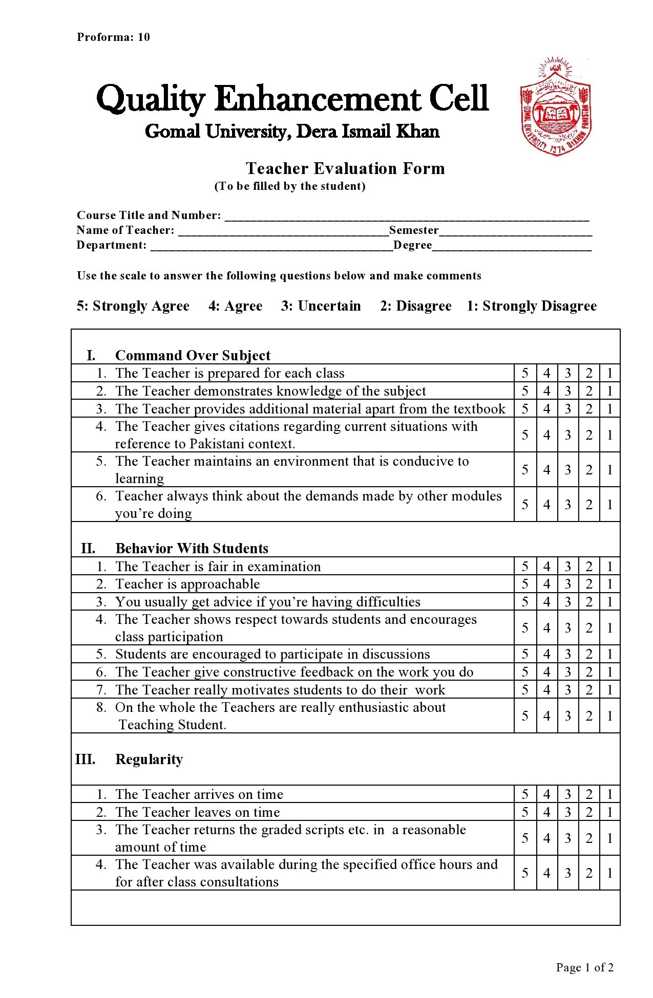 Free Printable Teacher Evaluation Forms
