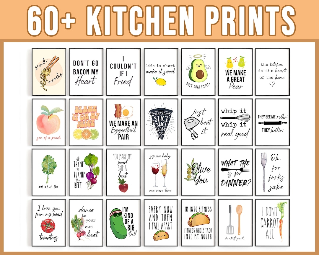 60 Kitchen Prints Set Food Pun Signs Set Of 60 Funny Kitchen Printables Cute Printable Wall Art Cute Kitchen Decor Food Print Wall Art Etsy