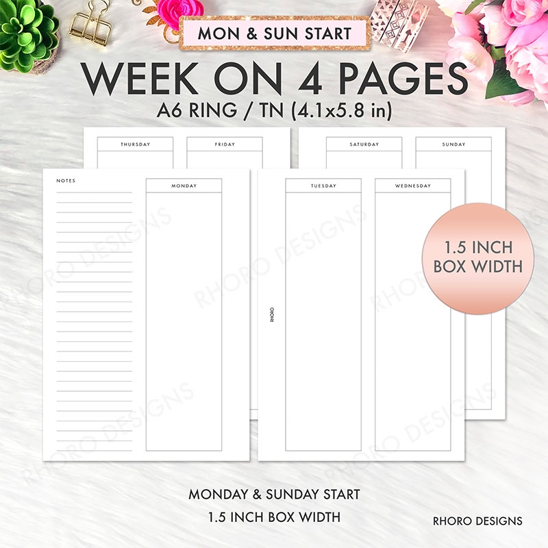 A6 Planner Inserts Week On 4 Pages WO4P 1 5 Inch Column WO4P Weekly Vertical Box A6 Ring TN Planner Printable A6 Inserts A6 Size A6 Pages PDF