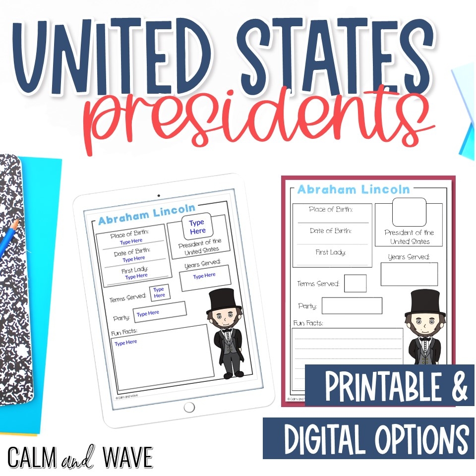 All United States President Fact Worksheets Free Printable Digital Resource Homeschool Unit Study Calm Wave