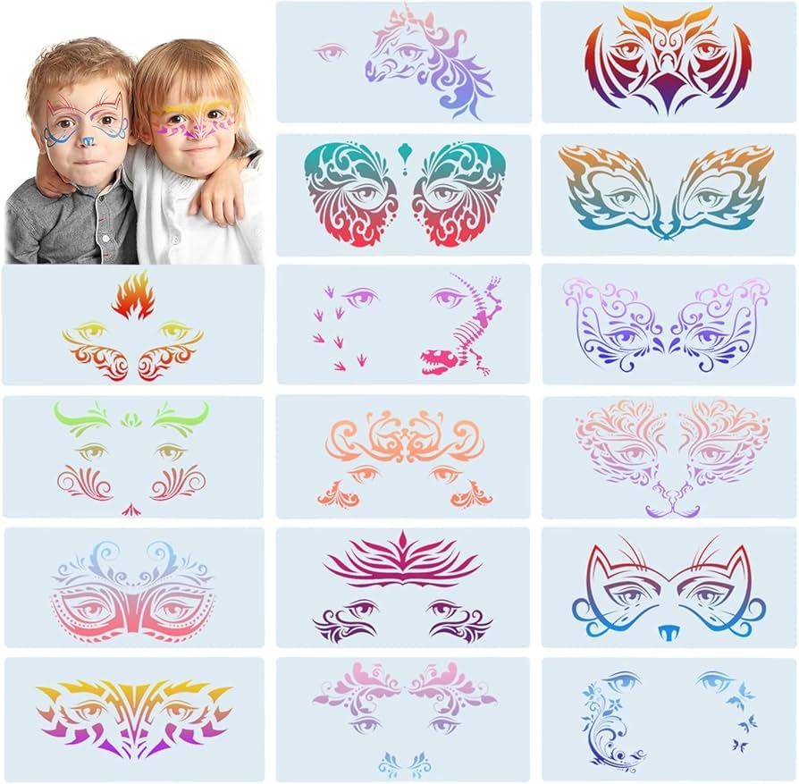 Amazon 16 Pieces Carnival Face Stencils Reusable Face Paint Templates For Kids Adult Tattoo Face Painting Dinosaur Unicorn Pattern Carnival Party Supply 10 X 4 7 Inch