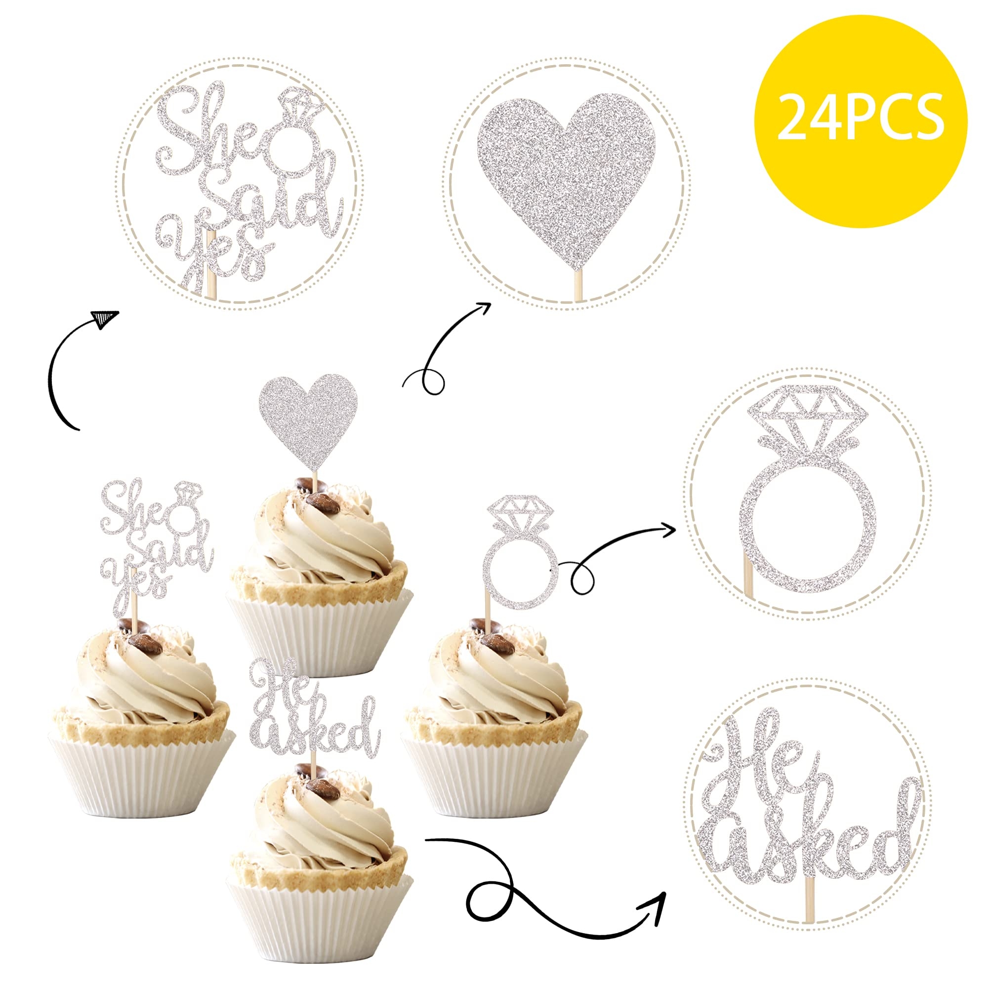 Amazon 24 PCS He Asked She Said Yes Cupcake Toppers With Glitter Heart Ring Bachelorette Cake Picks Decorations For Wedding Engagement Bridal Shower Party Supplies Silver Grocery Gourmet Food