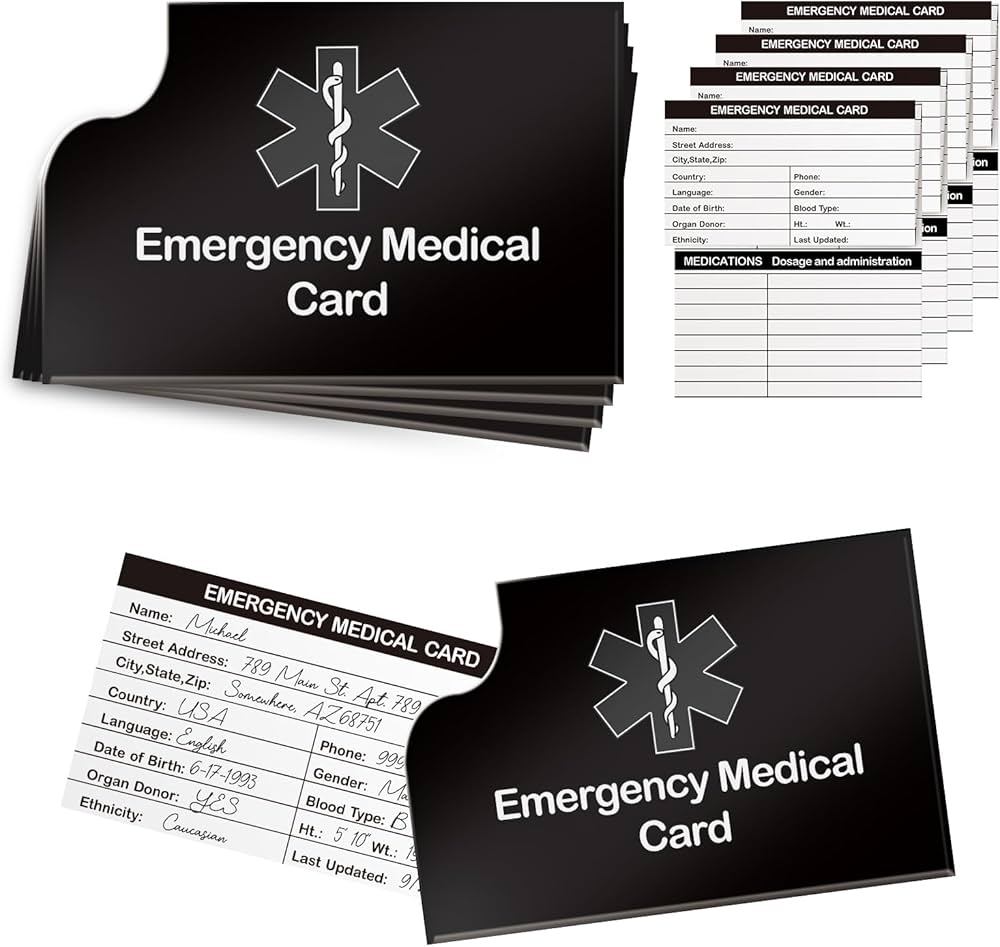 Amazon 4 Pack Emergency Medical Information Id Card Red Medical Condition And Emergency Contact Id Wallet Card Medical Alert Wallet Card Pocket Size Medication List And Medical Cards For Caretakers Black 