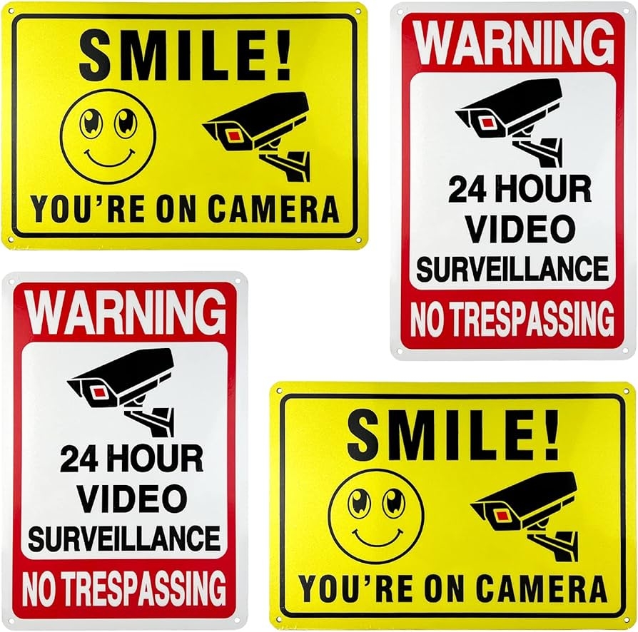 Amazon 4 Pack Smile You re On Camera Warning Signs 24 Hour Video Surveillance Sign Waterproof Rust Free Security Warning Signs For Outdoor Yard Indoor Business Industrial Scientific