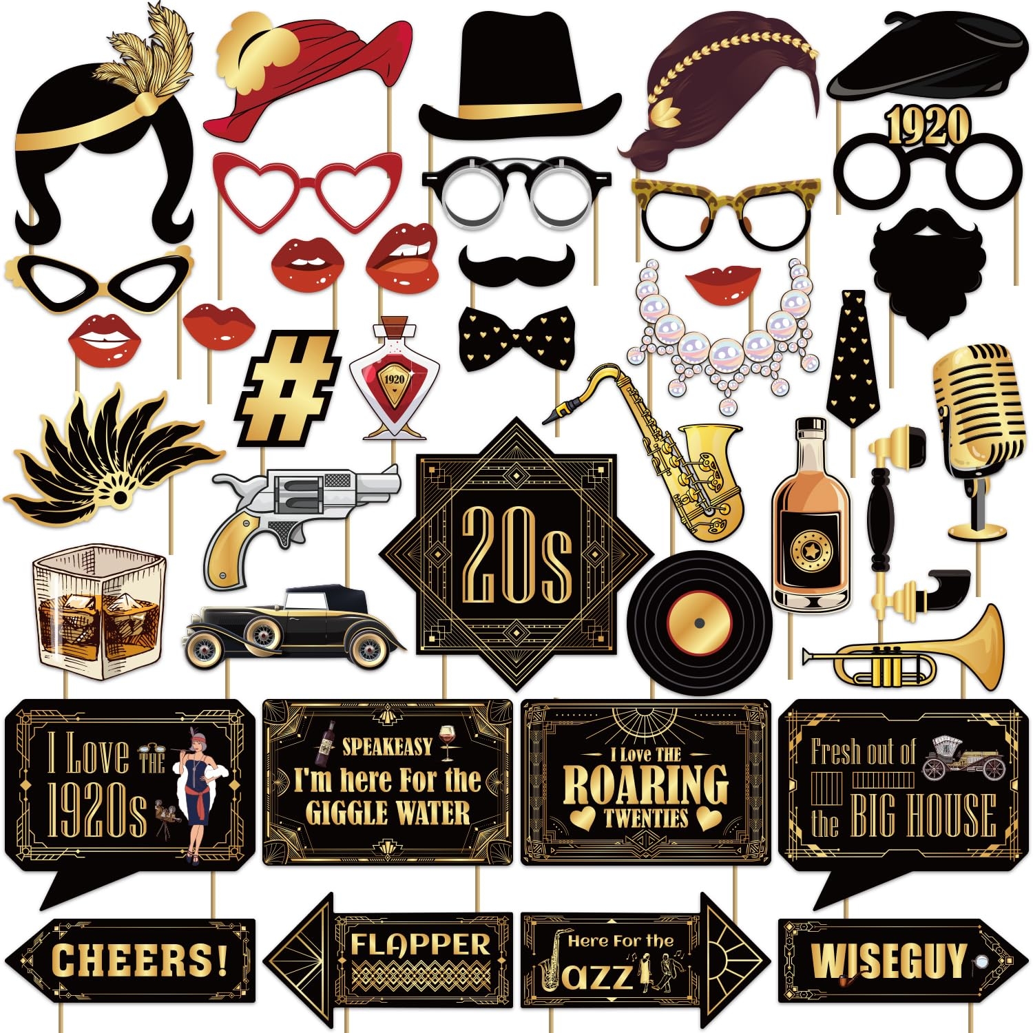 Amazon 40 Pcs 1920 s Photo Booth 1920 Party Decorations 1920s Theme Party Decorations 1920 Party Decor Roaring 20 s Party Decorations Great Gatsby Decorations Party Home Kitchen