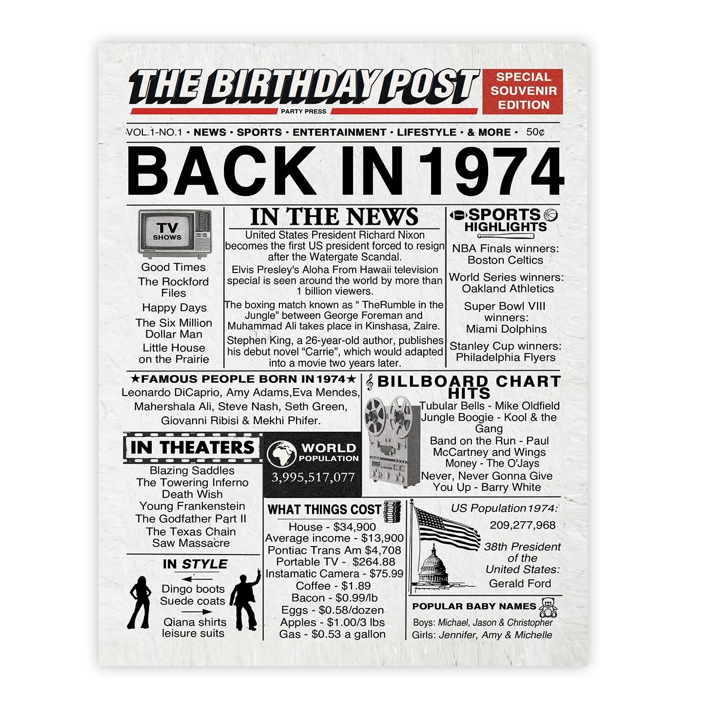 Amazon 50th Birthday Poster Unframed Back In 1974 Newspaper Happy 50th Birthday Gifts For Men Women Vintage Retro Born In 1974 8x10 Inch Fifty Fiftieth Bday Party Decor Decoration Posters Prints