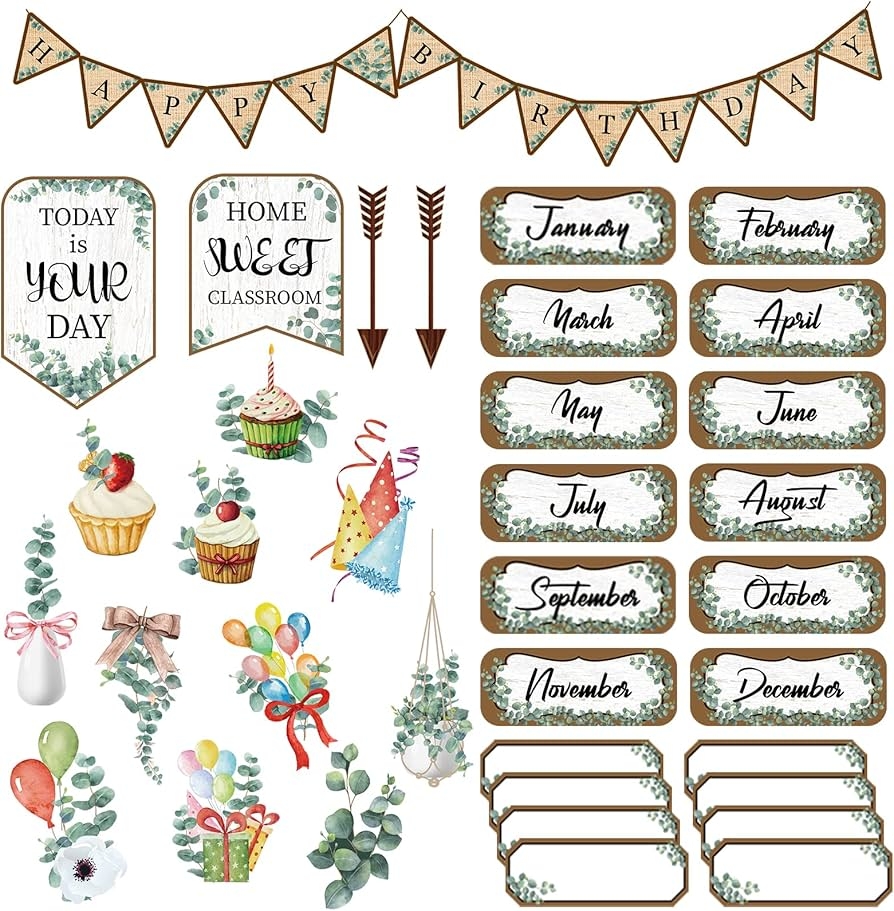 Amazon 73 Pcs Happy Birthday Bulletin Board Set Stylish Birthday Bulletin Board Decorations Birthday Chart For Classroom Birthday Wall Decorations Eucalyptus Classroom Decor Back To School Decoration Cutouts Office Products