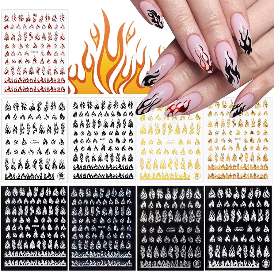Amazon 9 Sheets Flame Nail Stickers Decals TOROKOM 3D Holographic Self Adhesive Fire Nail Decals White Black Silver Gold Red Flame Nail Art Stickers Nail Art Supplies For Nail Decor Beauty 