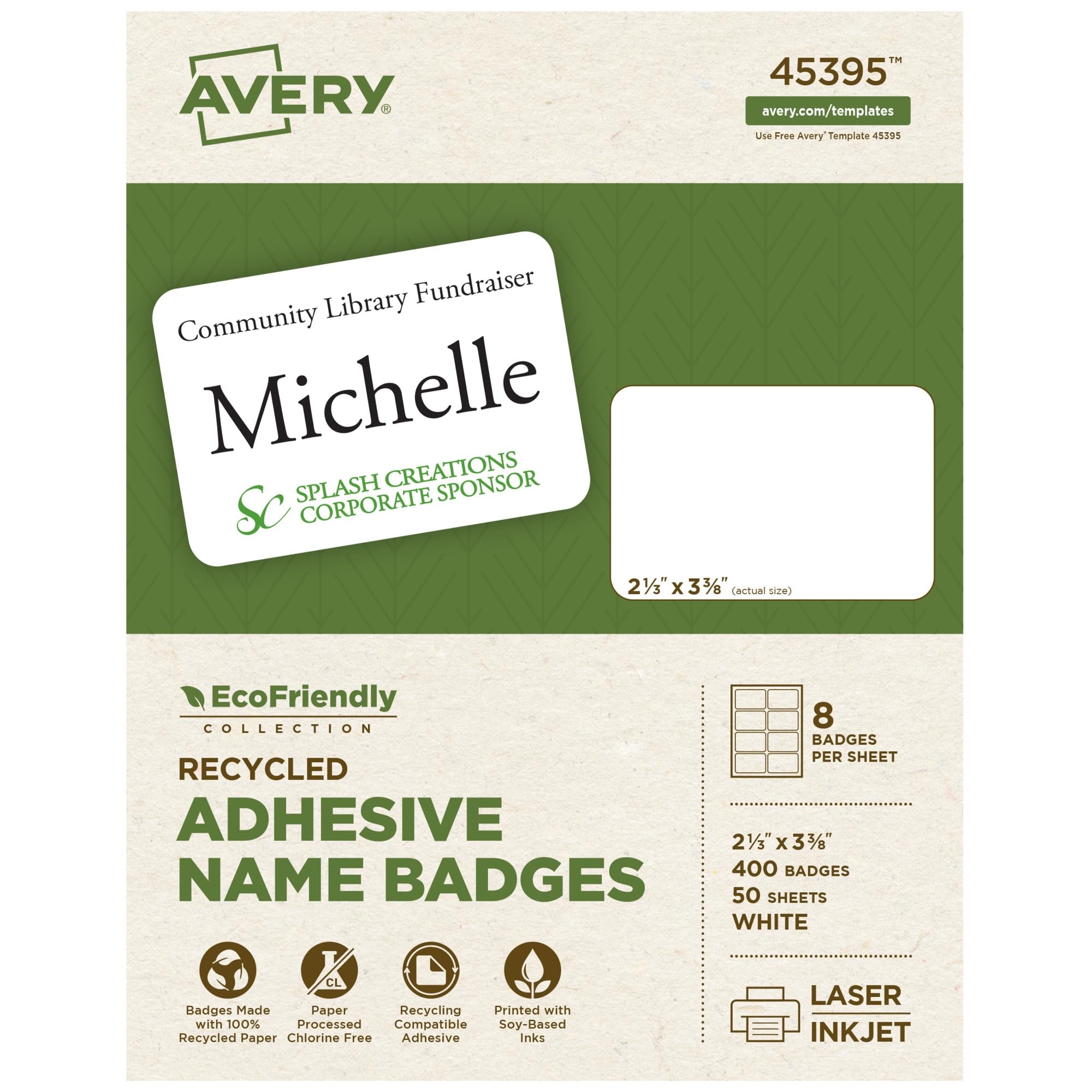 Amazon Avery EcoFriendly Recycled Name Tags 2 1 3 X 3 3 8 White Removable Adhesive 400 Printable Name Badges 45395 Badge Inserts Office Products