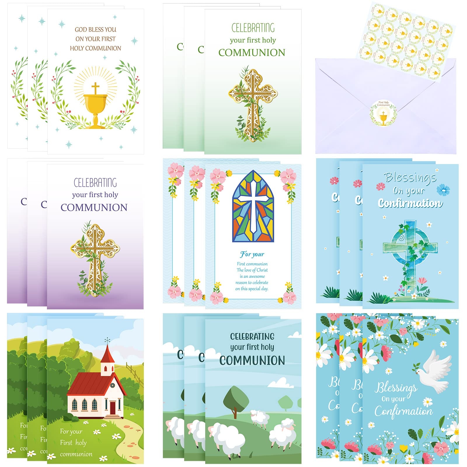 Amazon Chinco 24 Sets First Holy Communion Cards Religious Baby Baptism Greeting Card Christian Confirmation Card Christening Note Card God Bless You Baby Shower Cards For Girls Boys Resurrection Jesus God 