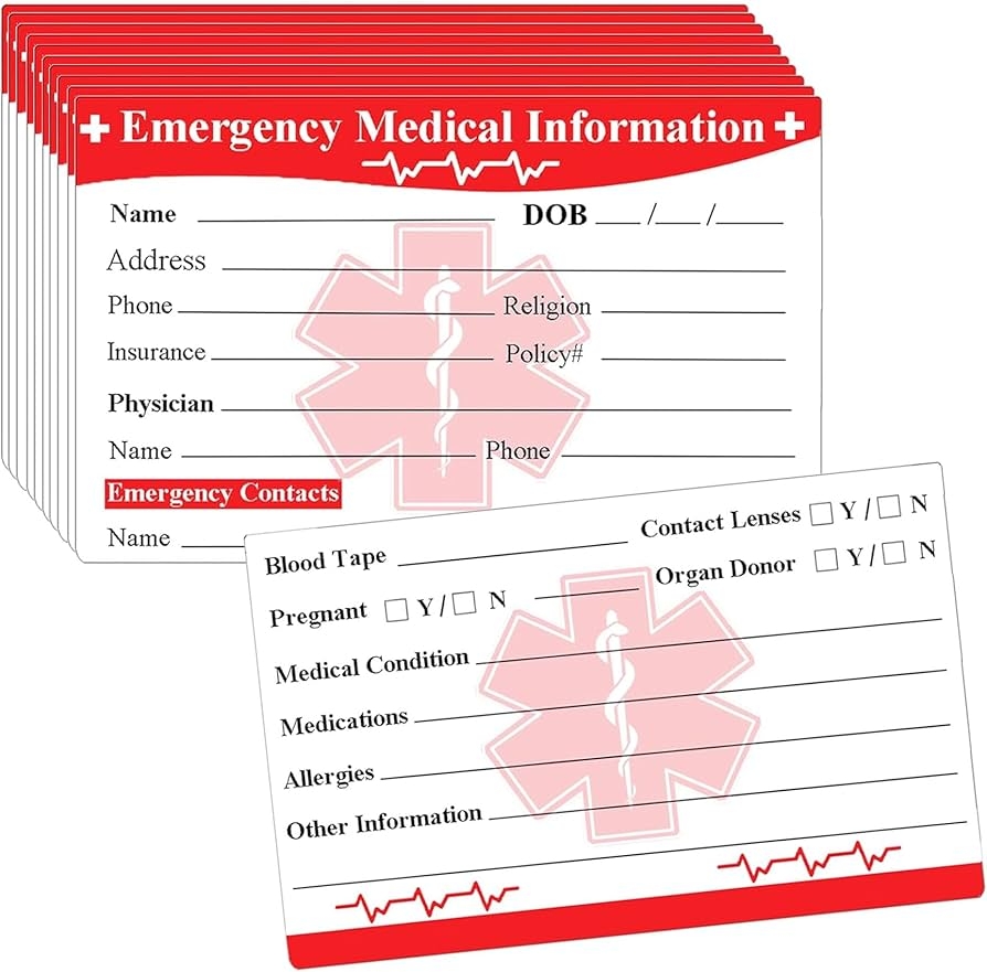 Amazon Emergency Medical Information ID Card 25 Pcs Emergency Contact ID Wallet Card Medical Alert Card For Medical Information In Case Of An Emergency 3 5 X 2 Business Card Health 