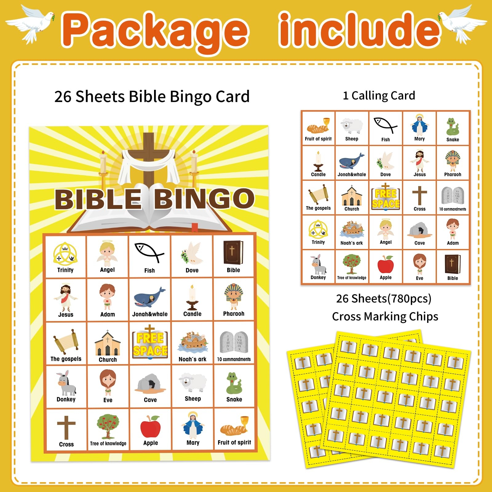 Amazon FLYAB Bible Bingo Game For Kids Adults 26 Players Christian Bible Bingo Cards Religious Bible Activities Games For Vacation Bible School Sunday Church Family Open Day Holiday Party Supplies Toys