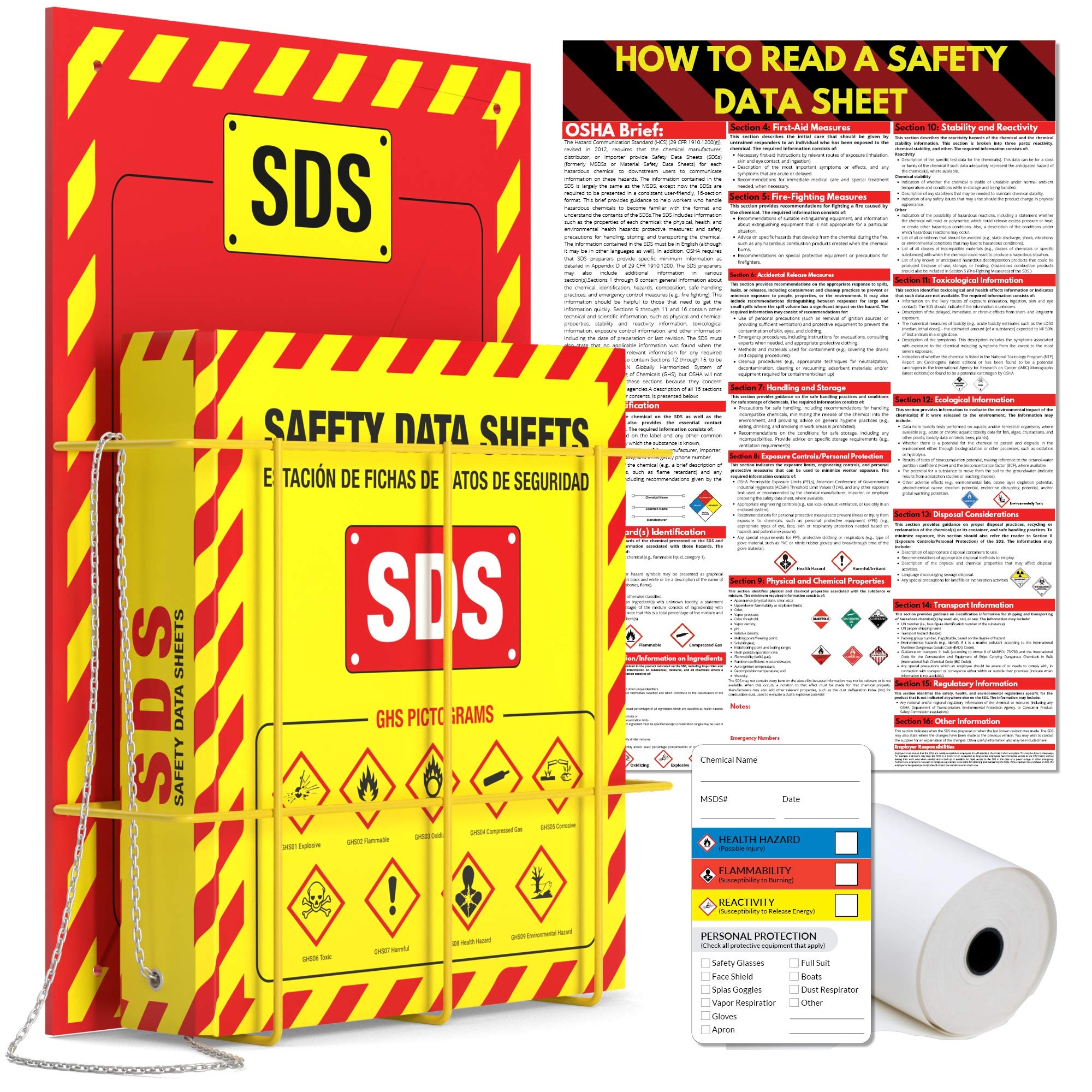 Amazon MSDS Wall Station 3 Inch 3 Ring Material Safety Data Sheet Binder With SDS Wire Rack And Display Sign Chain Mounting Hardware SDS Poster MSDS Labels Bilingual Heavy Duty