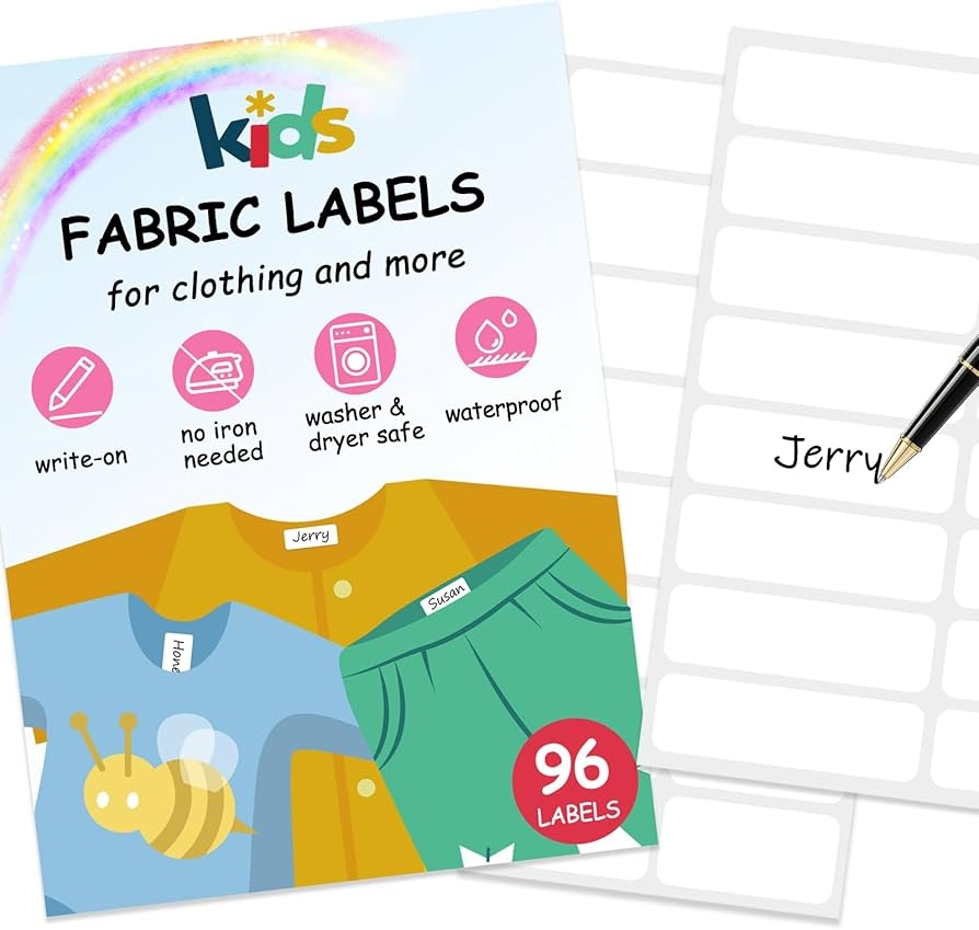 Amazon No Iron Fabric Labels Kids Clothing Labels Self Stick Write On Name Labels For Daycare Camp School Toys Organizing Washer Dryer Safe Pack Of 96 2 Sizes Office Products