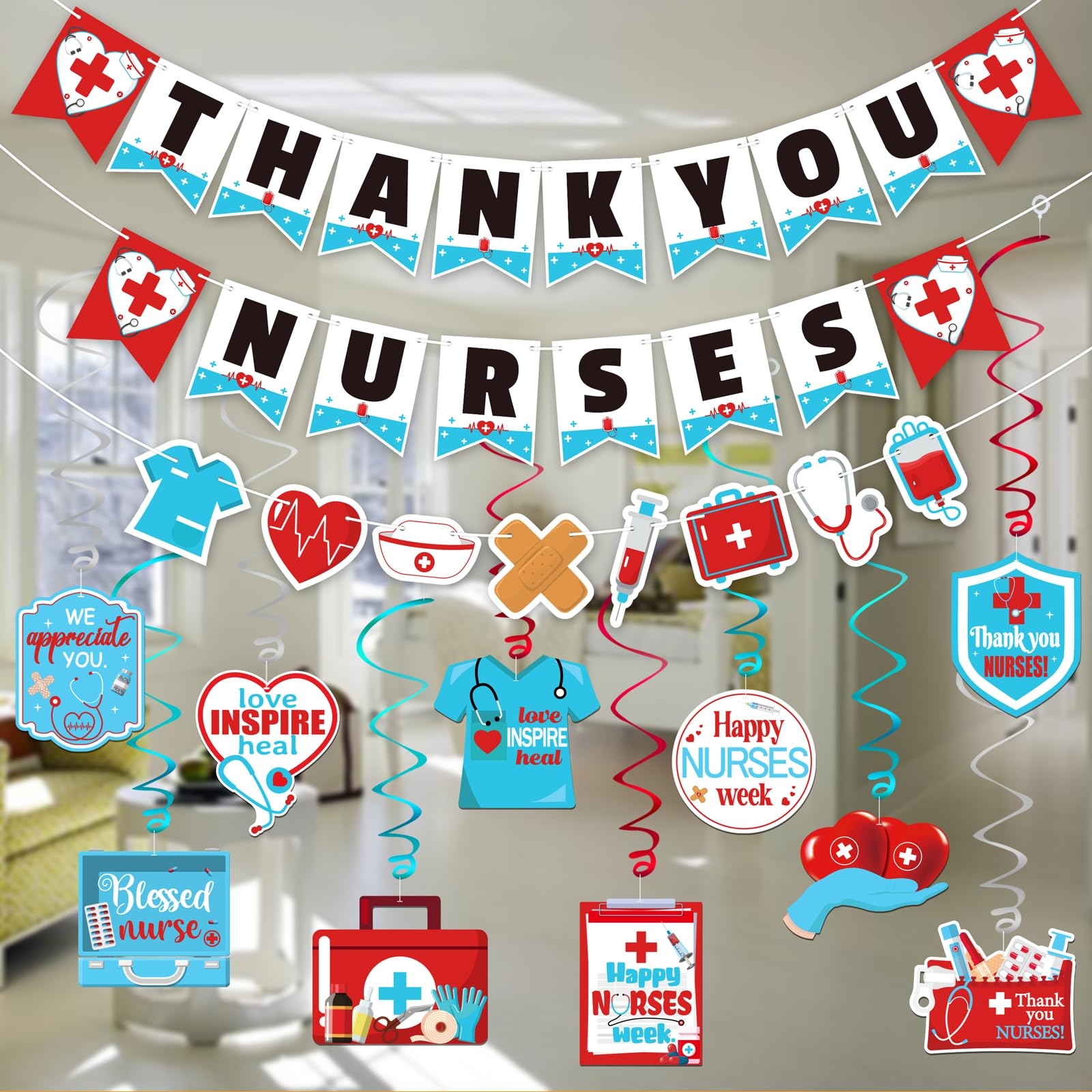 Amazon Nurses Week 2024 Decorations Hanging Swirls Banner Thank You Happy Nurse Appreciation Gifts Bulk RN Graduation Party Decor Supplies Home Kitchen