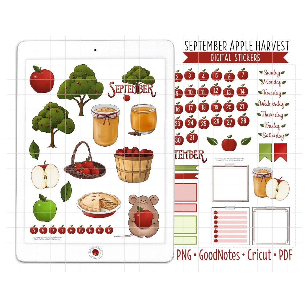 Apple Picking Digital Planner Stickers September Monthly Kit Goodnotes Stickers Pre cropped PNG Printable PDF Autumn Journal Stickers Etsy