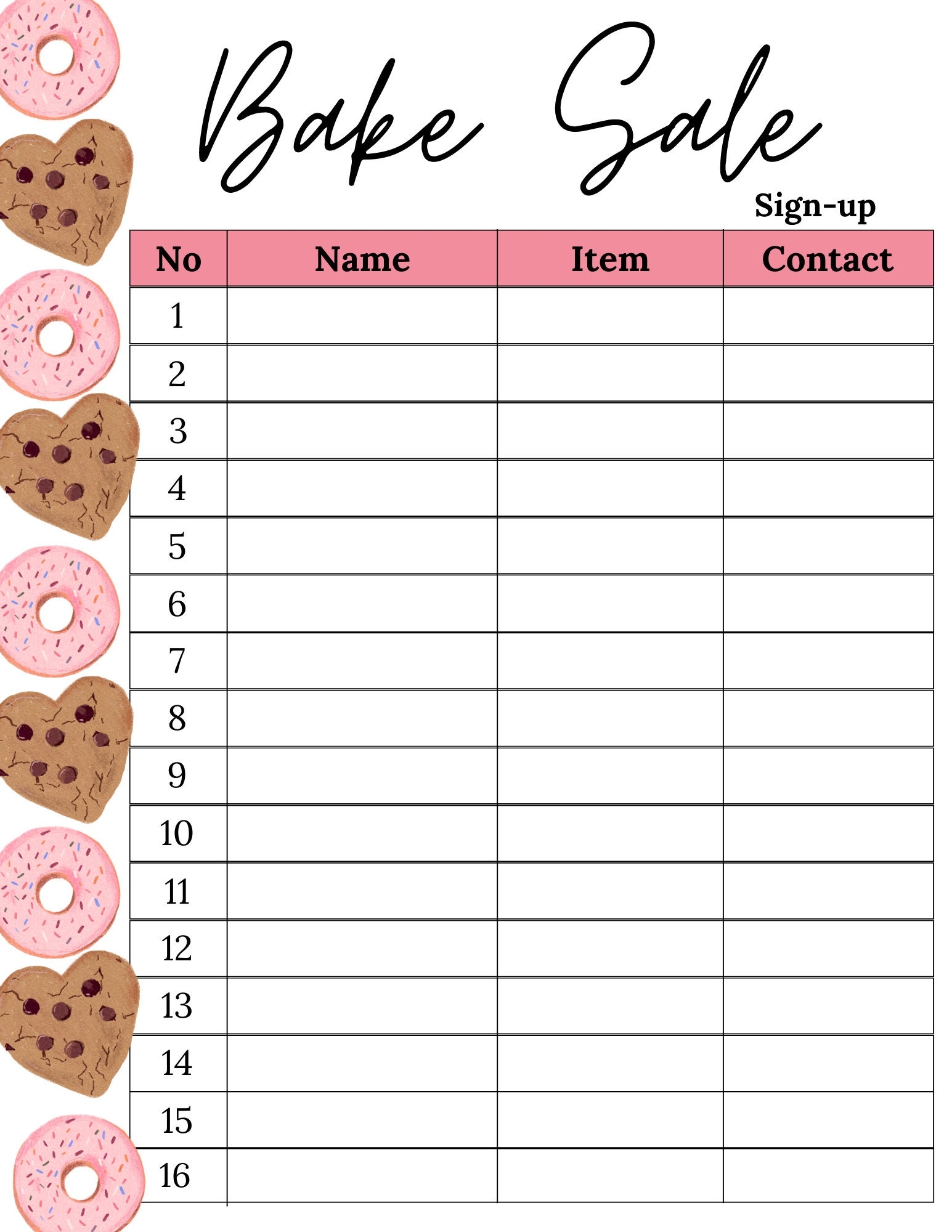 Bake Sale Sign Up Sheet Bake Sale Sheet Printable Bake Sale Sign Up Sheet Dessert Sign Up Sheet Bake Sale Sign Up Bake Sale Etsy