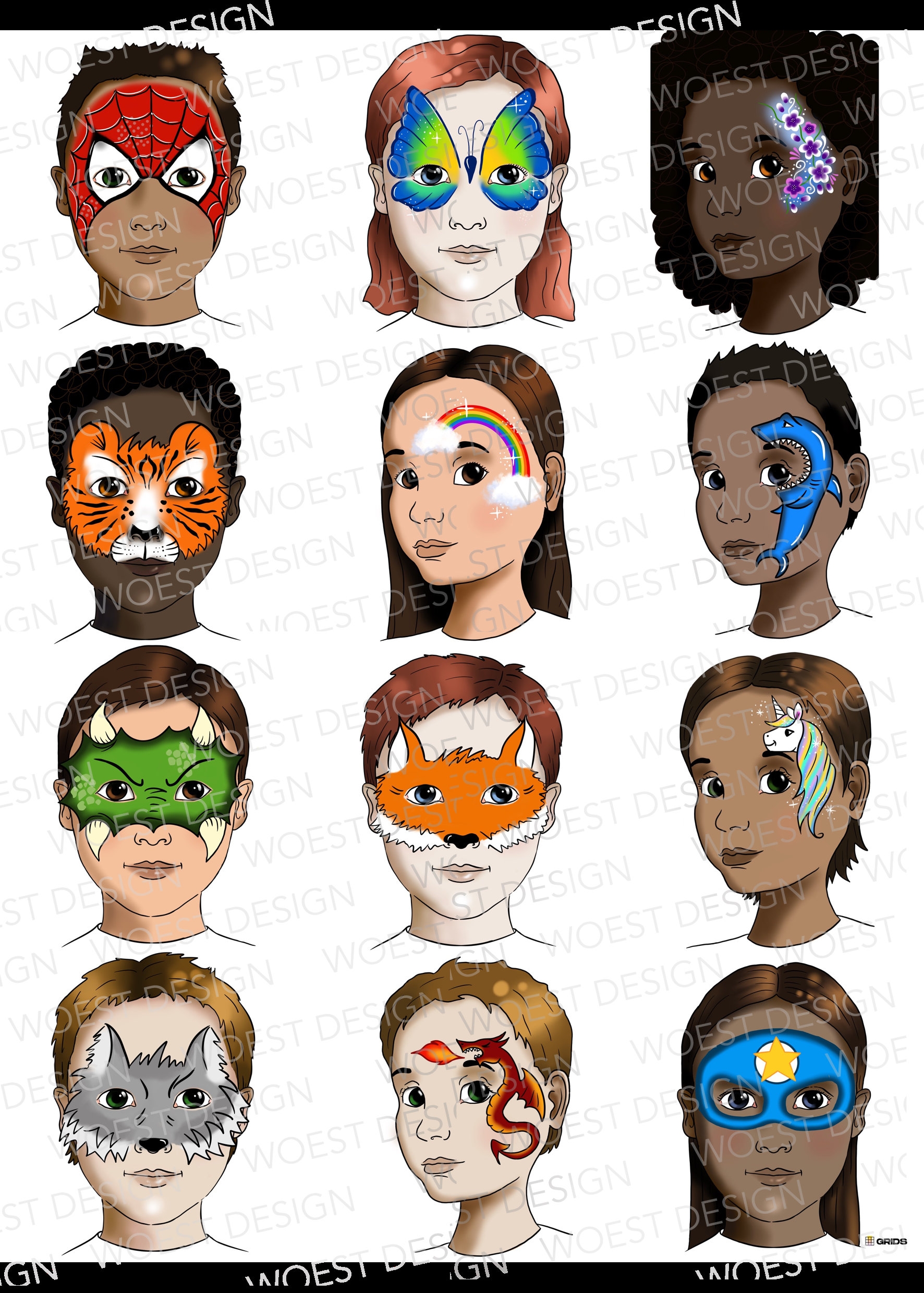 Basic Set A DIGITAL DOWNLOAD Face Paint Design Board Face Painting Template Board Menu Designs Digital Download Etsy