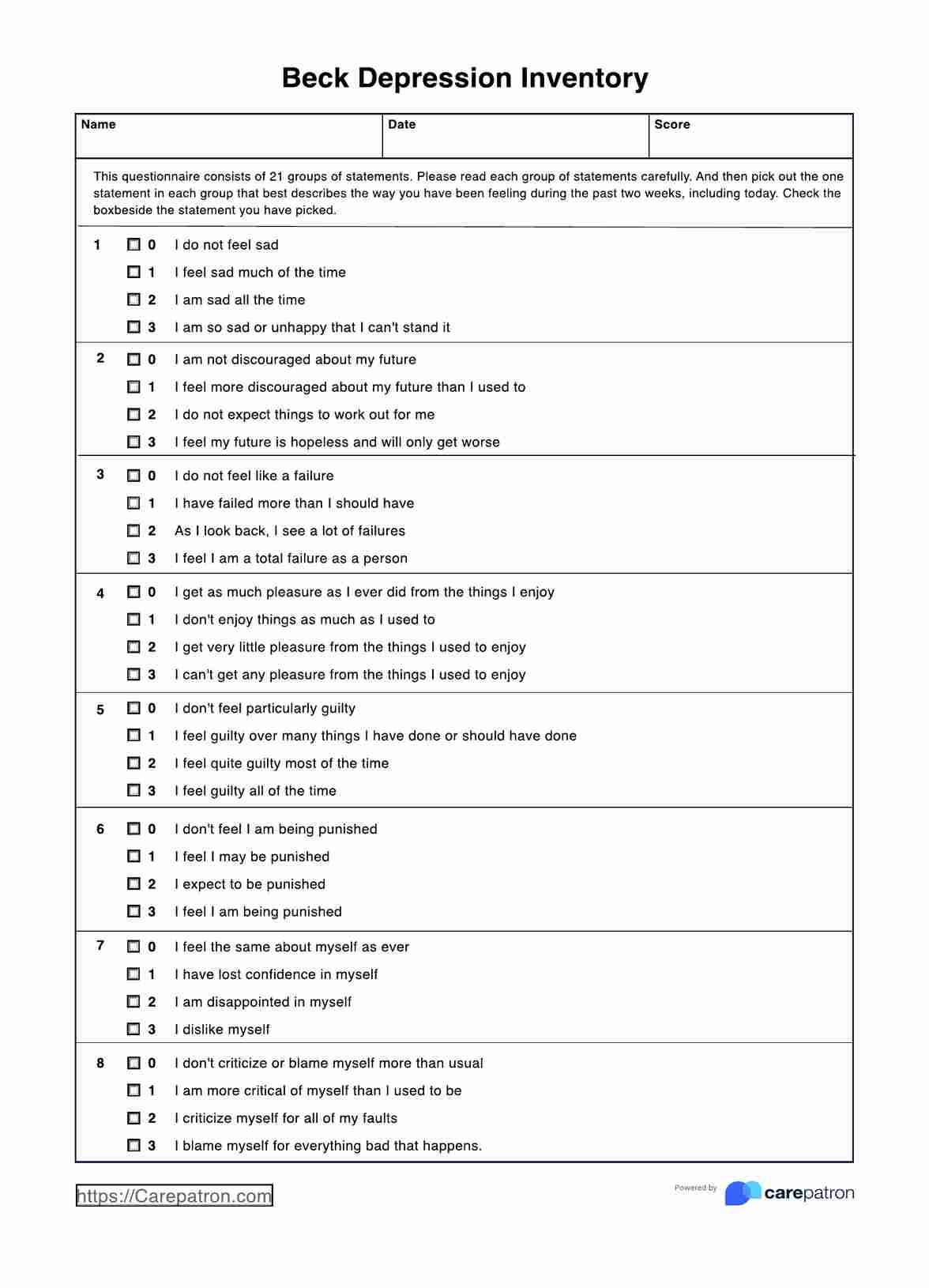 Beck Depression Inventory Example Free PDF Download