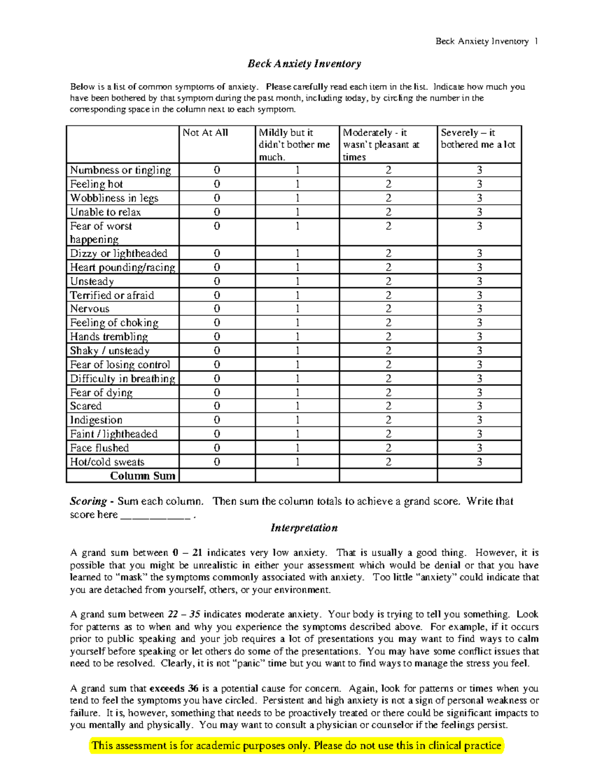 Beck s Anxiety Inventory Please Carefully Read Each Item In The List Indicate How Much You Have Studocu
