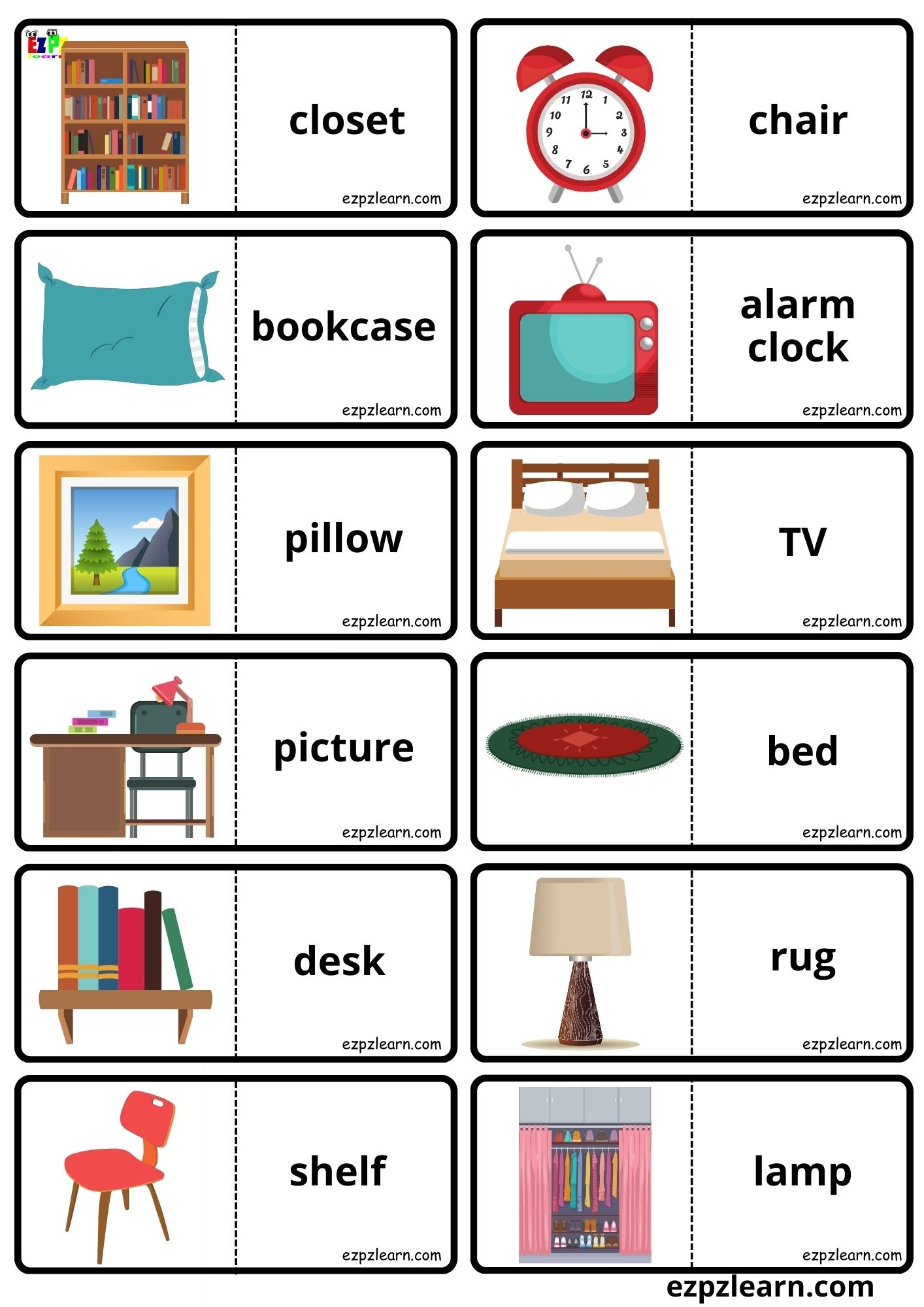 Bedroom Vocabulary Dominoes Matching Game For Kids Free PDF Download Ezpzlearn