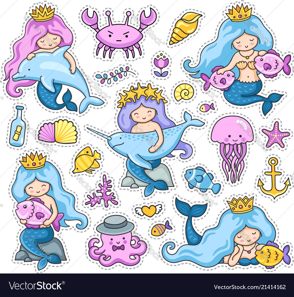 Big Set Of Little Mermaids Stickers Royalty Free Vector