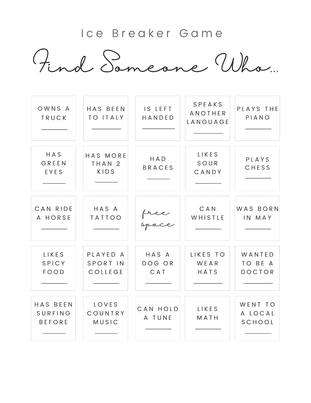 Bingo Ice Breaker Game Find Someone Who Edition Digital Download Etsy