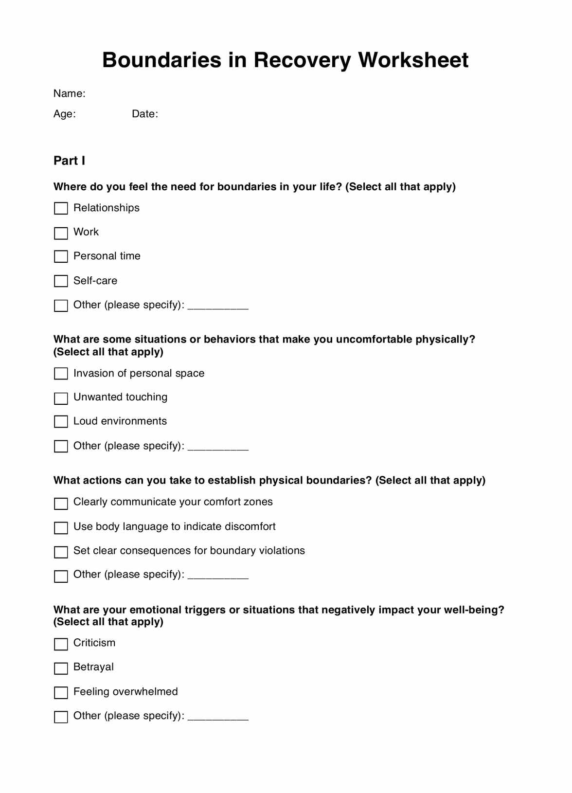Boundaries In Recovery Worksheet Example Free PDF Download