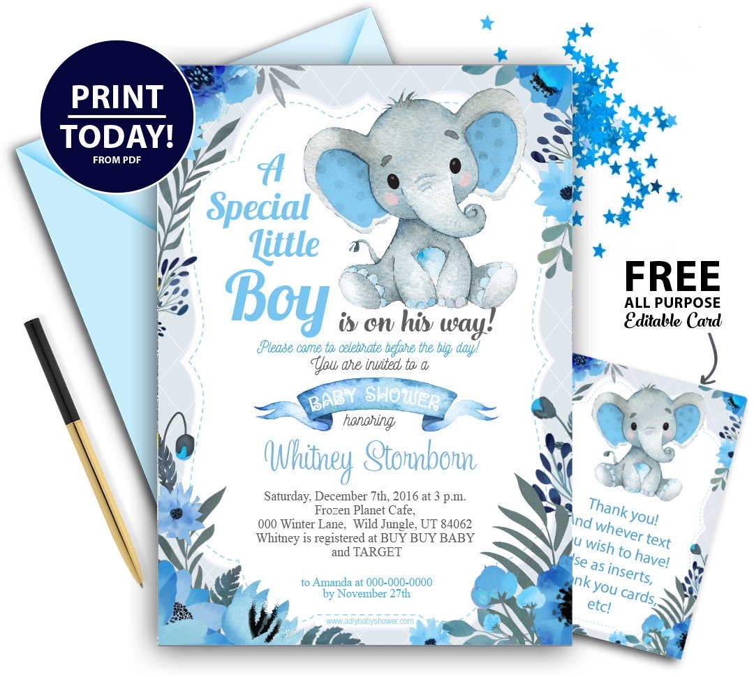 Boy Elephant Baby Shower Invitation With Blue Gray Flowers Printable Invitation Template Peanut Invite free Thank You Card Watercolor Etsy