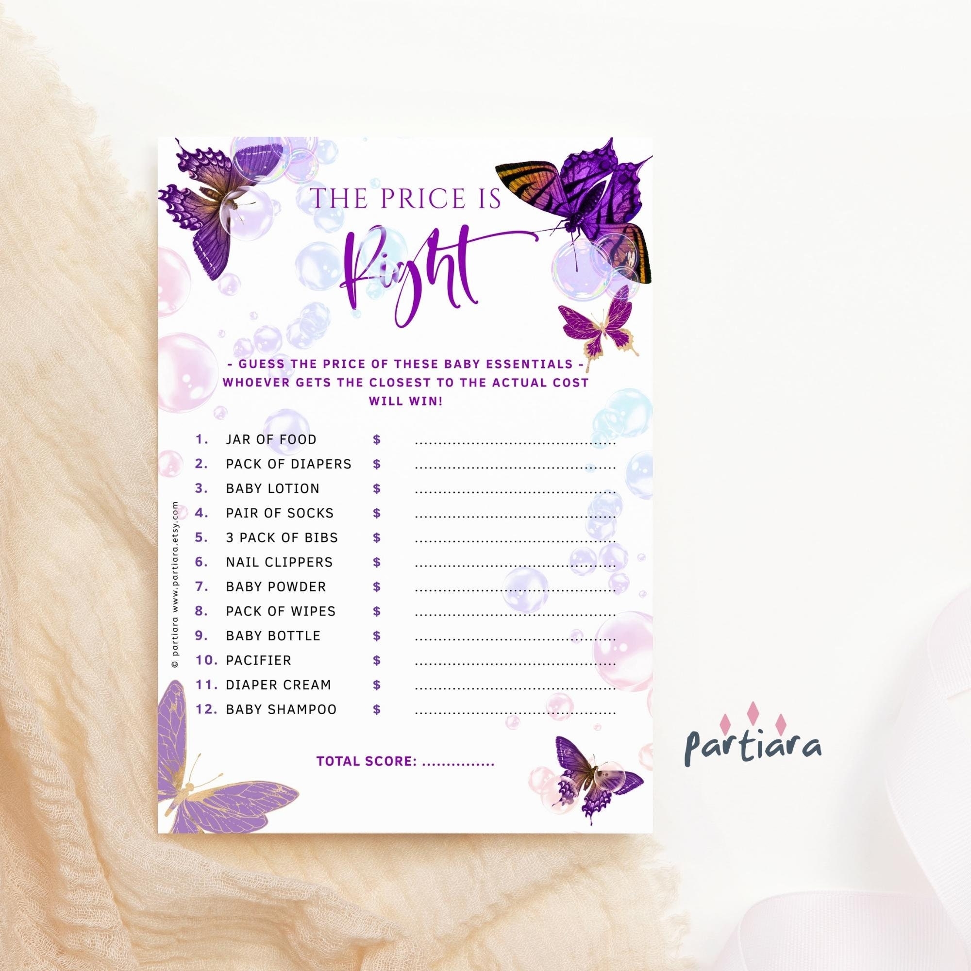 Butterfly Baby Shower Price Is Right Game Printable Girl Bubbles And Butterflies Theme Purple Lilac Gold Decor EDITABLE DOWNLOAD P549 Etsy