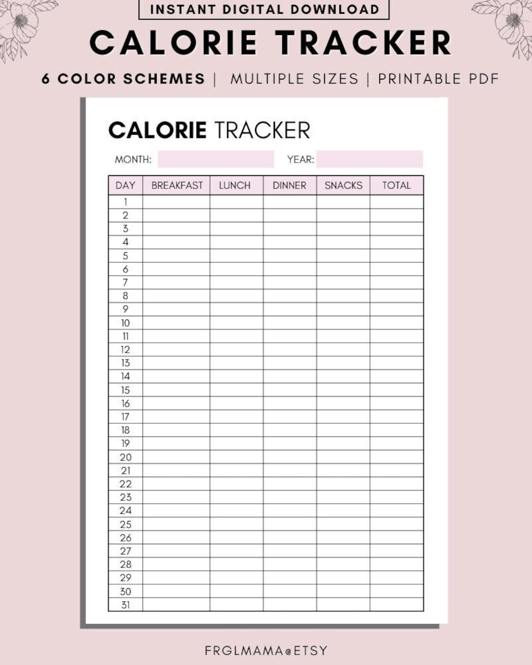 Calorie Tracker Monthly Calorie Tracker Printable Low Calorie Diet Tracker Calorie Journal Diet Diary Daily Food Journal A4 A5 PDF Etsy