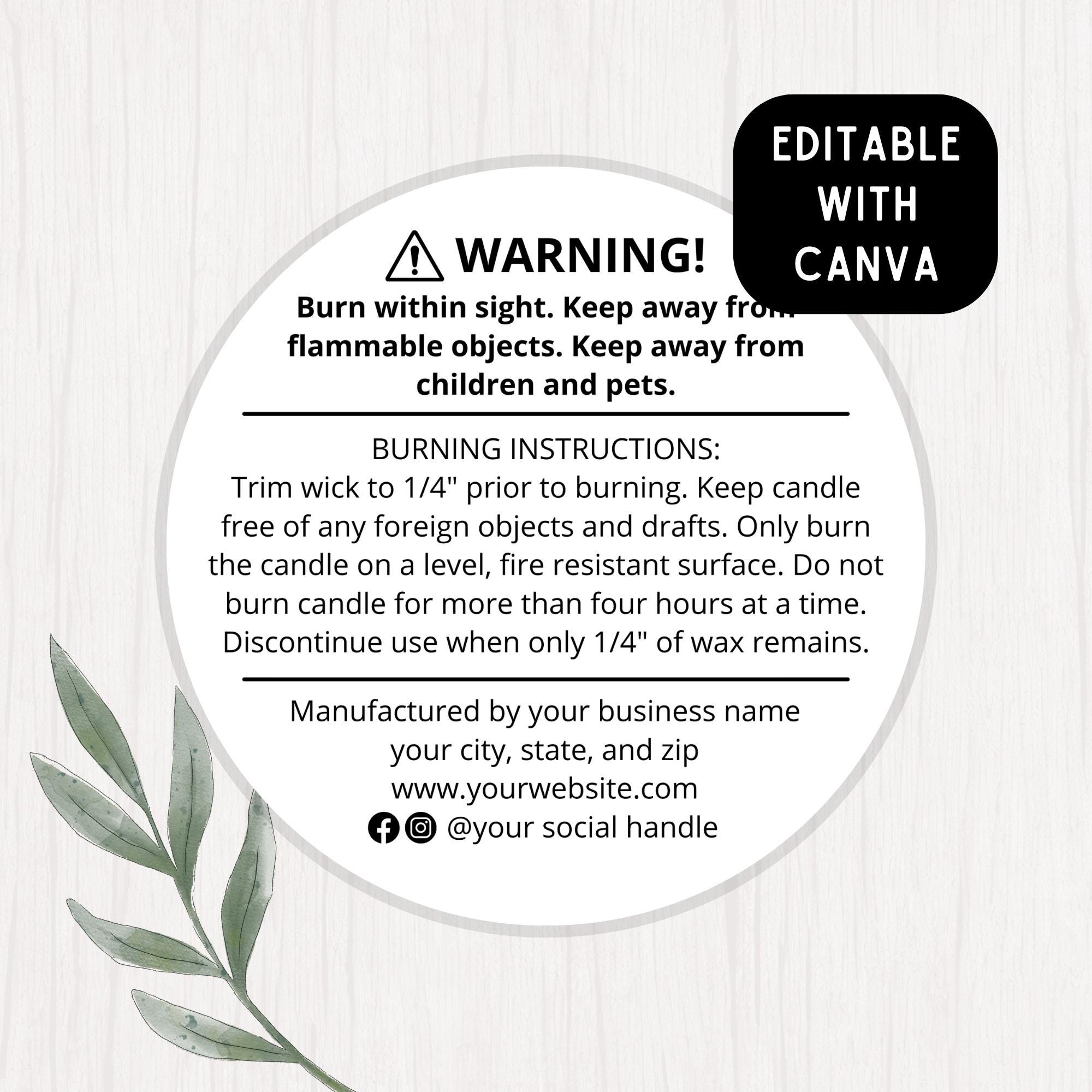 Candle Warning Label Template Editable Candle Warning Label Candle Warning Label Editable Canva Template Etsy