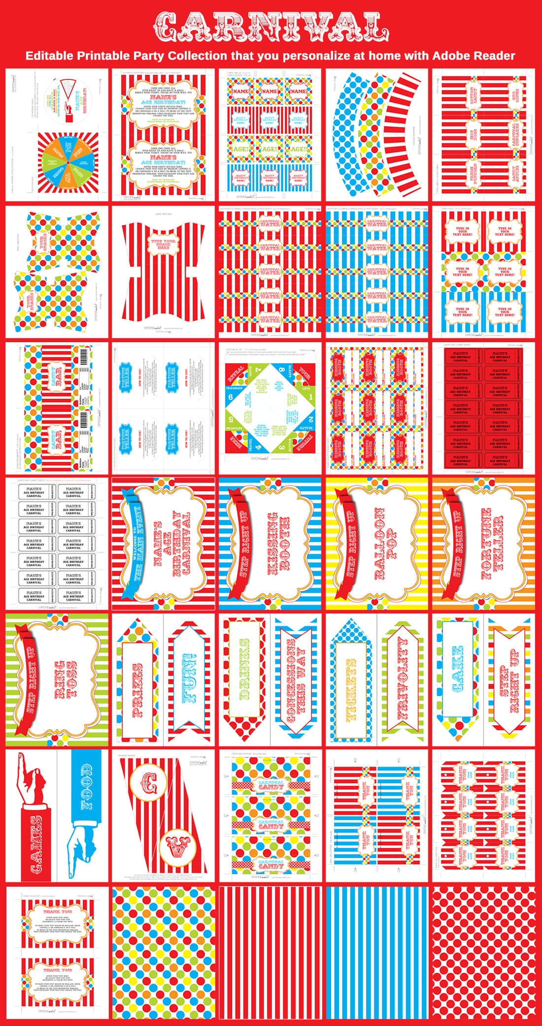 Carnival Party Printables Invitations Decorations Template Bundle Circus