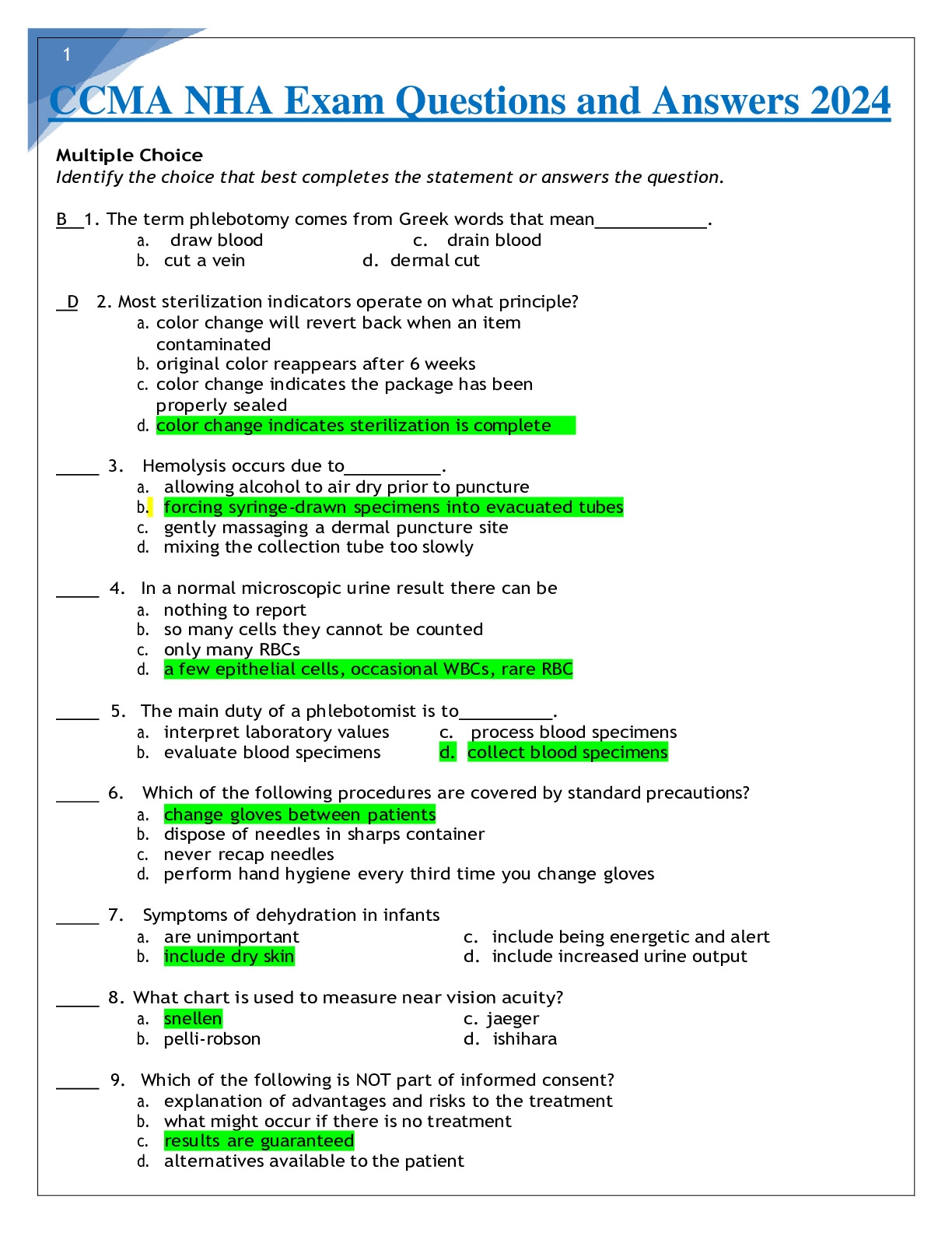 CCMA NHA Exam Questions And Answers 2024 DocMerit