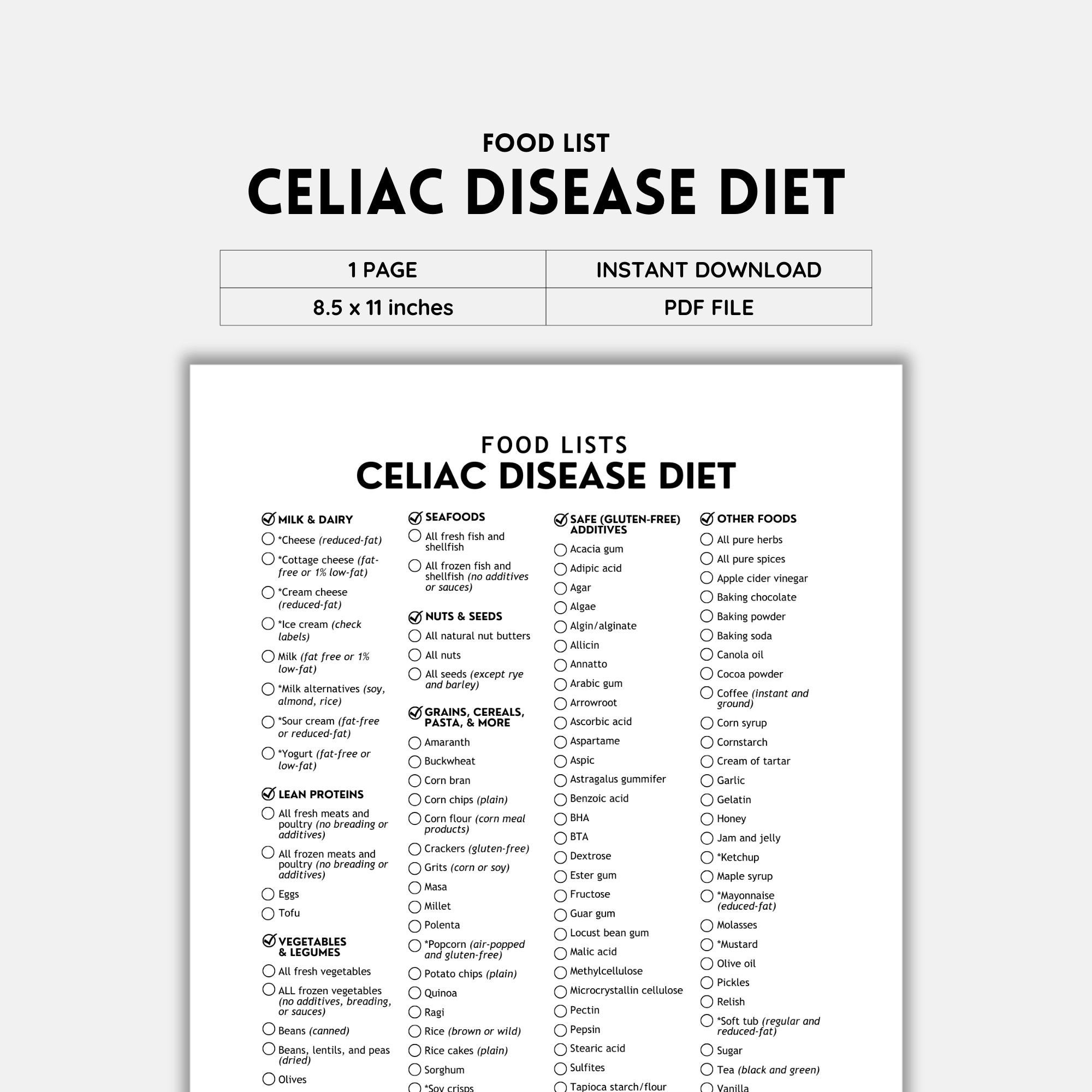 Celiac Disease Gluten Free Grocery Lists Food Lists Shopping List Food Guide Allowed Food List Celiac Disease Awareness PDF Download Etsy