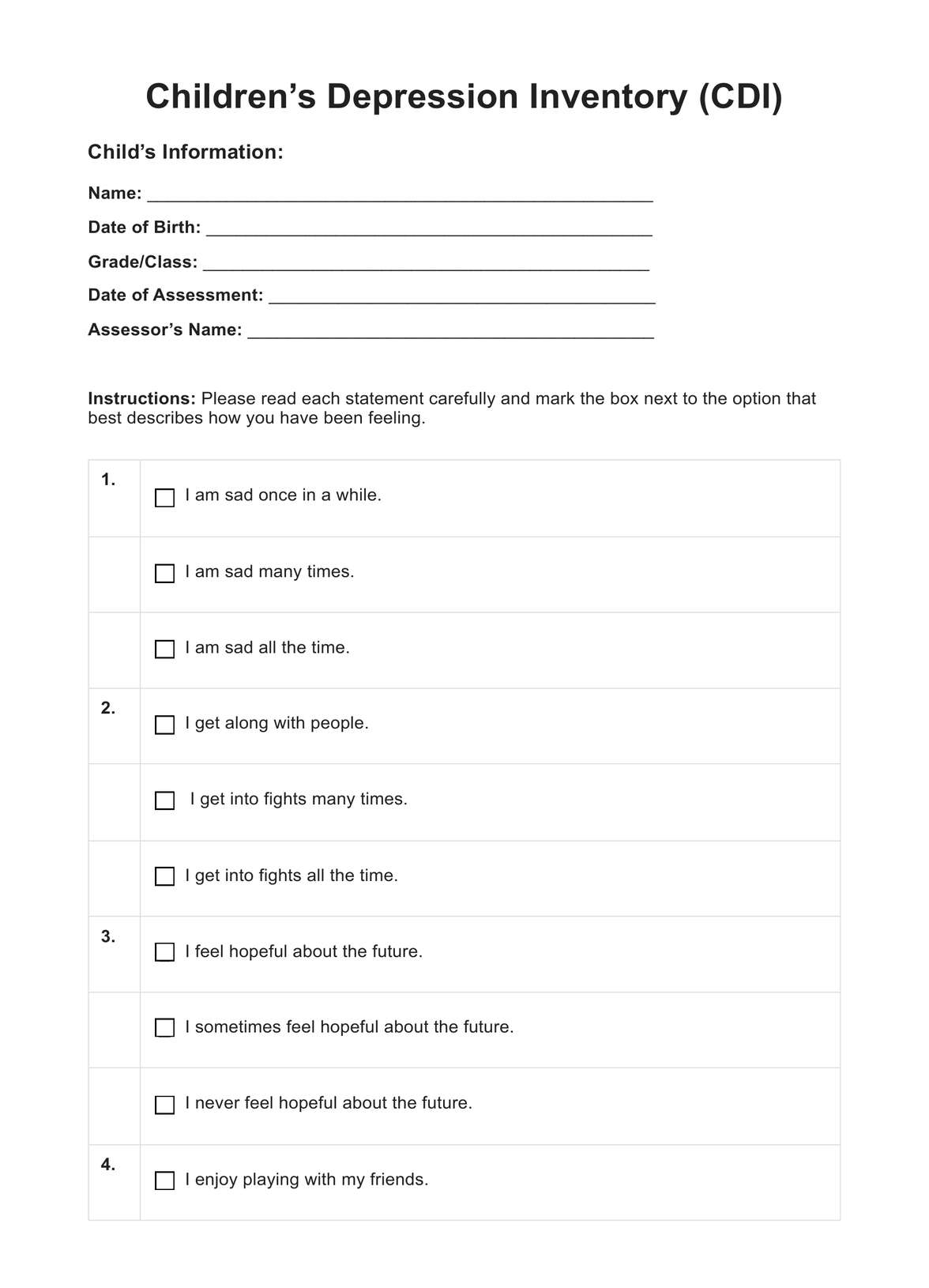 Children s Depression Inventory 45 PSC Example Free PDF Download