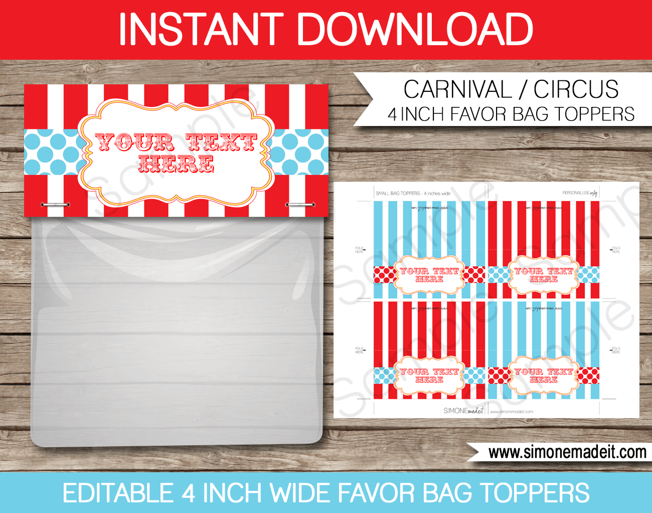 Circus Party Favor Bag Toppers Template Carnival Birthday Party Tags