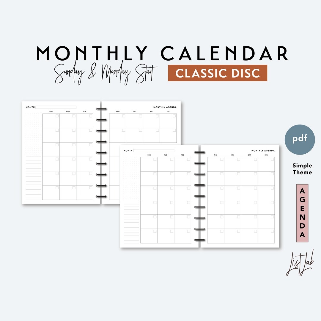 CLASSIC DISCBOUND Month On 2 Pages Calendar Printable Ring Planner Insert PDF Simple Theme Etsy